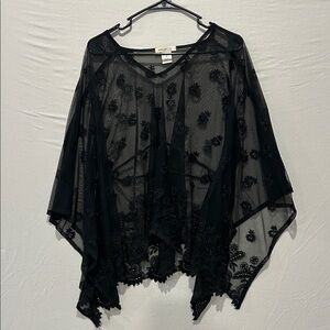 Arden B Black Sheer Poncho with Floral Details